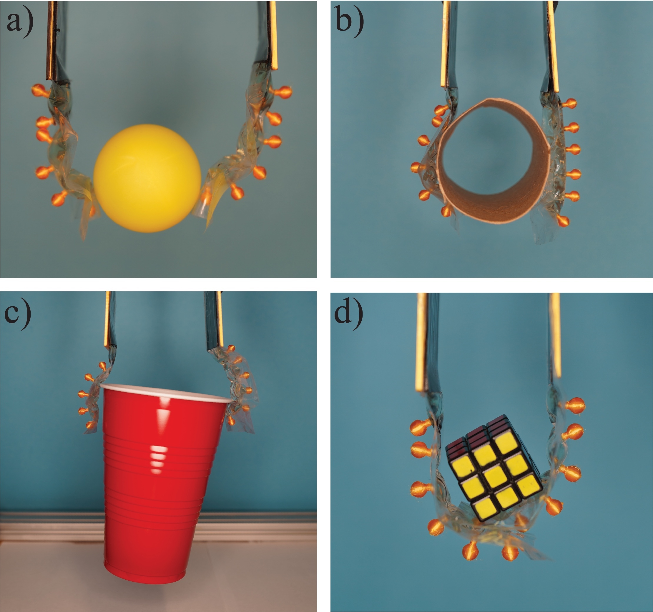 Different grasps types acheived using different HASEL actuator designs.